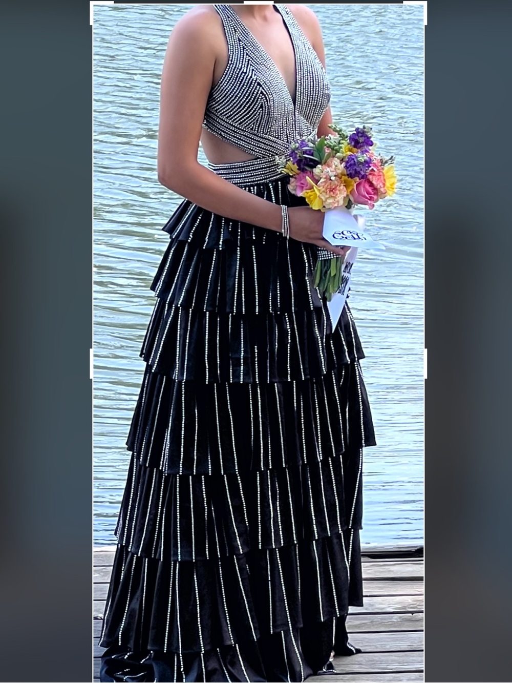 Backless Black Tiered Evening Dress with Silver Accents